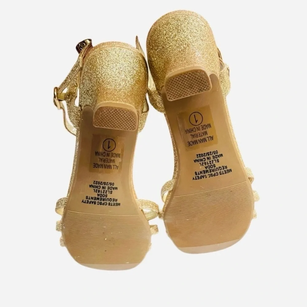 Soda Girl’s Gold Glitter Heel Sandals – Size 1 Big Kid – 2” Low Heel, Open Toe